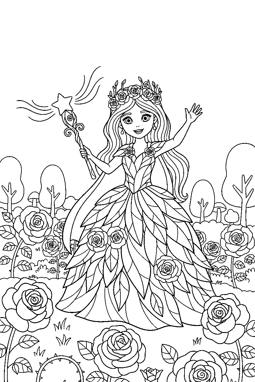 forest princess waving a magic wand in a rose garden line art
