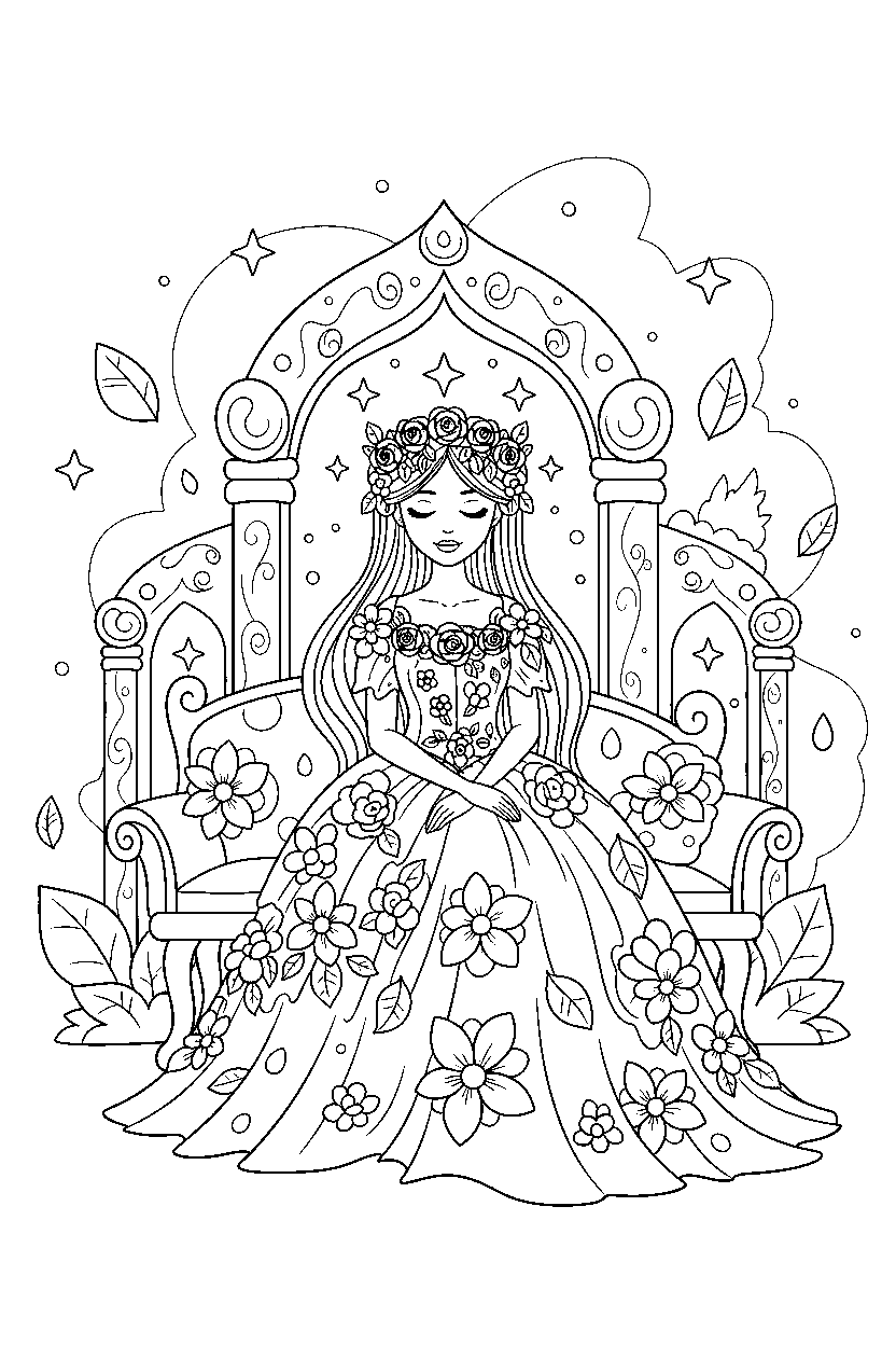 garden princess sitting peacefully in a sparkling palace line art