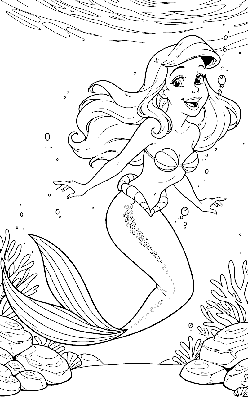 graceful ocean ariel princess swimming coloring sheet