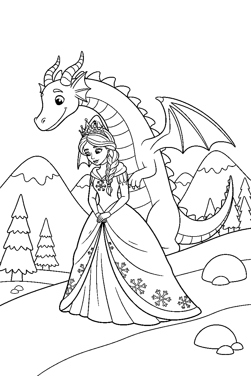 ice princess curtsying politely in a dragon valley line art