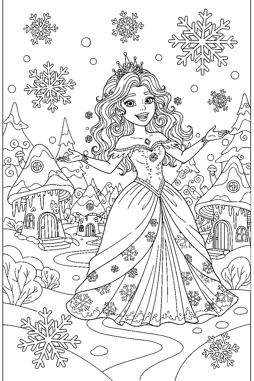 ice princess smiling happily in a fairy village line art
