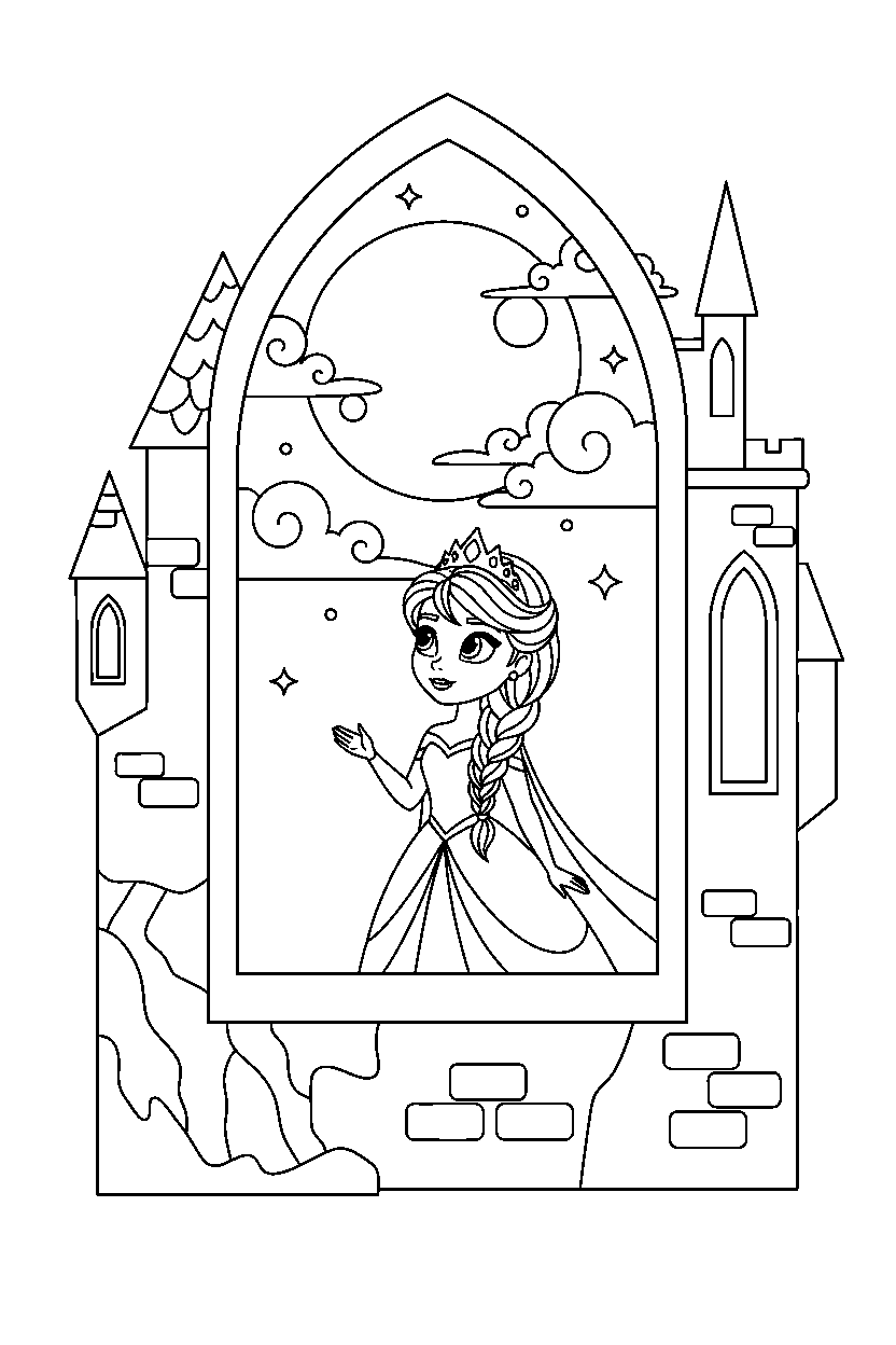 ice princess watching the moon in a fairy tale castle line art