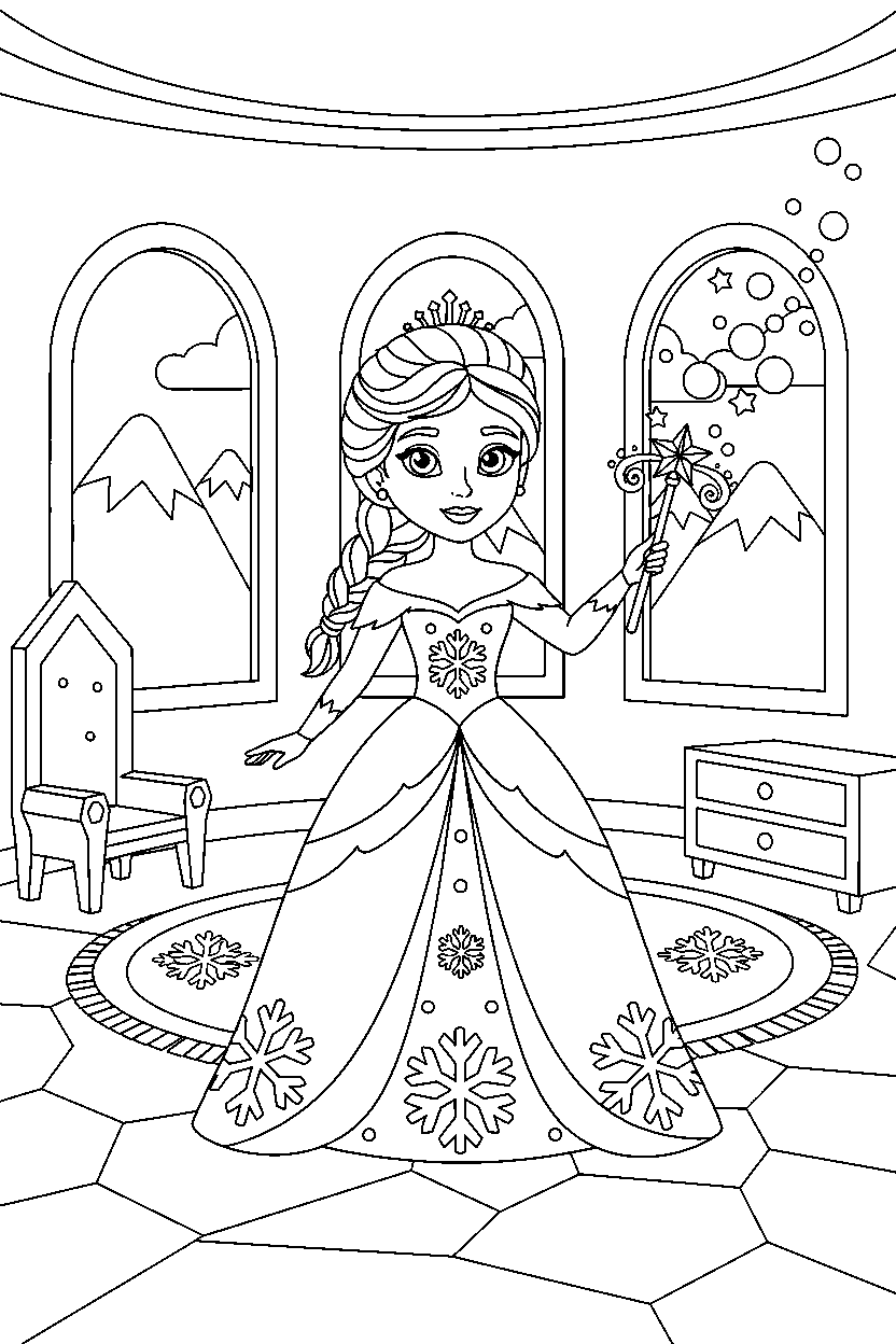 ice princess waving a magic wand in a princess tower room line art