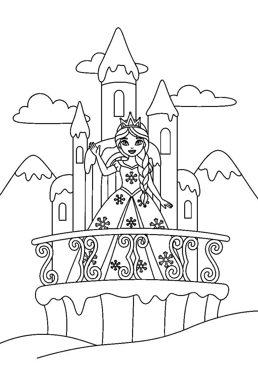 ice princess waving happily on a castle balcony line art