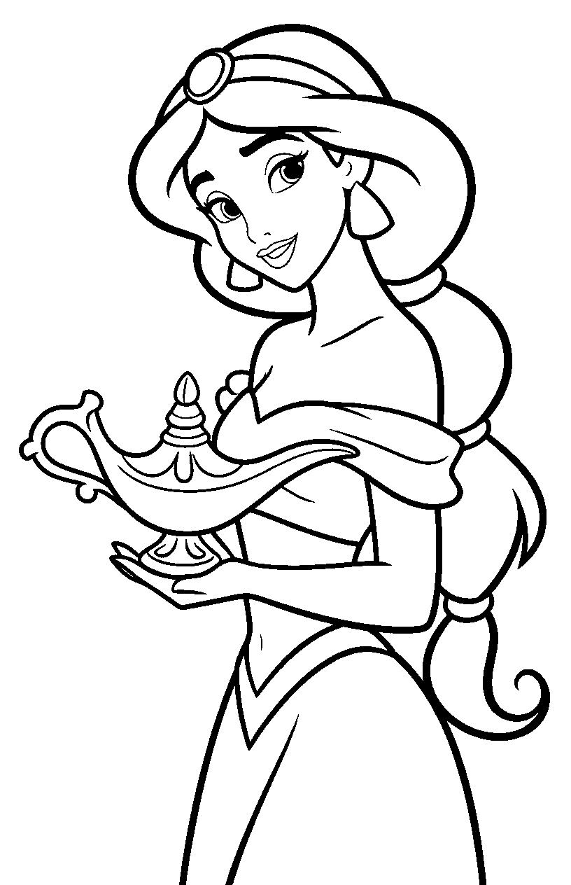 jasmine holding magic genie lamp line art