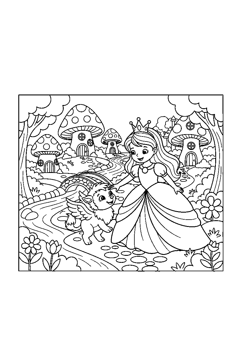 little princess playing with an animal in a storybook village line art
