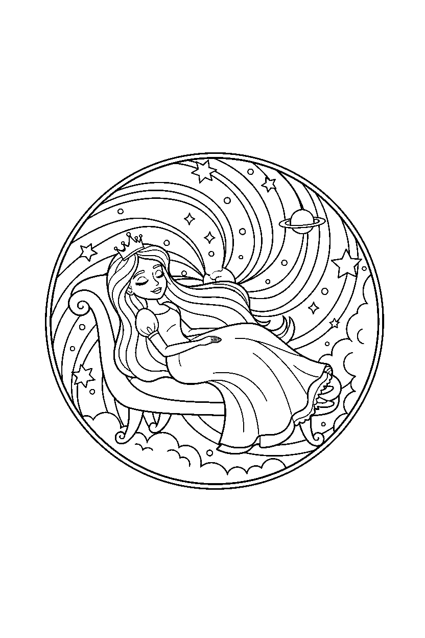 little princess relaxing peacefully in a magic portal world line art