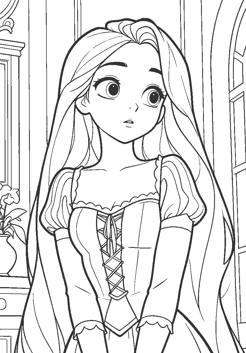 long haired princess rapunzel anime style line art