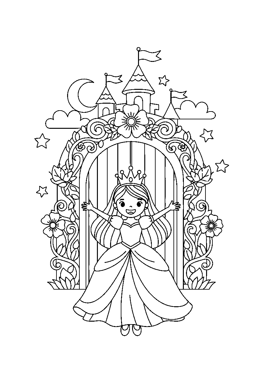 magic princess celebrating happily at an enchanted castle gate line art