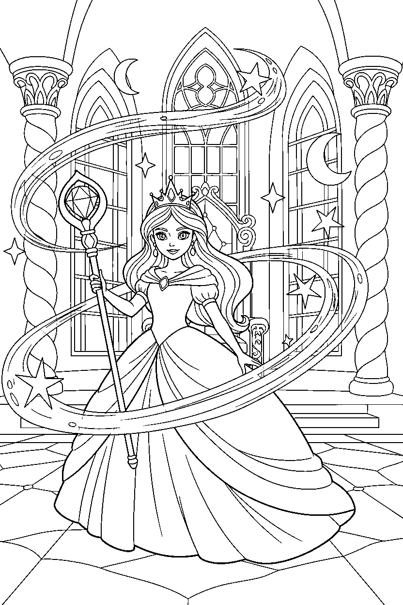 magic princess holding a magic item in a magical castle hall line art