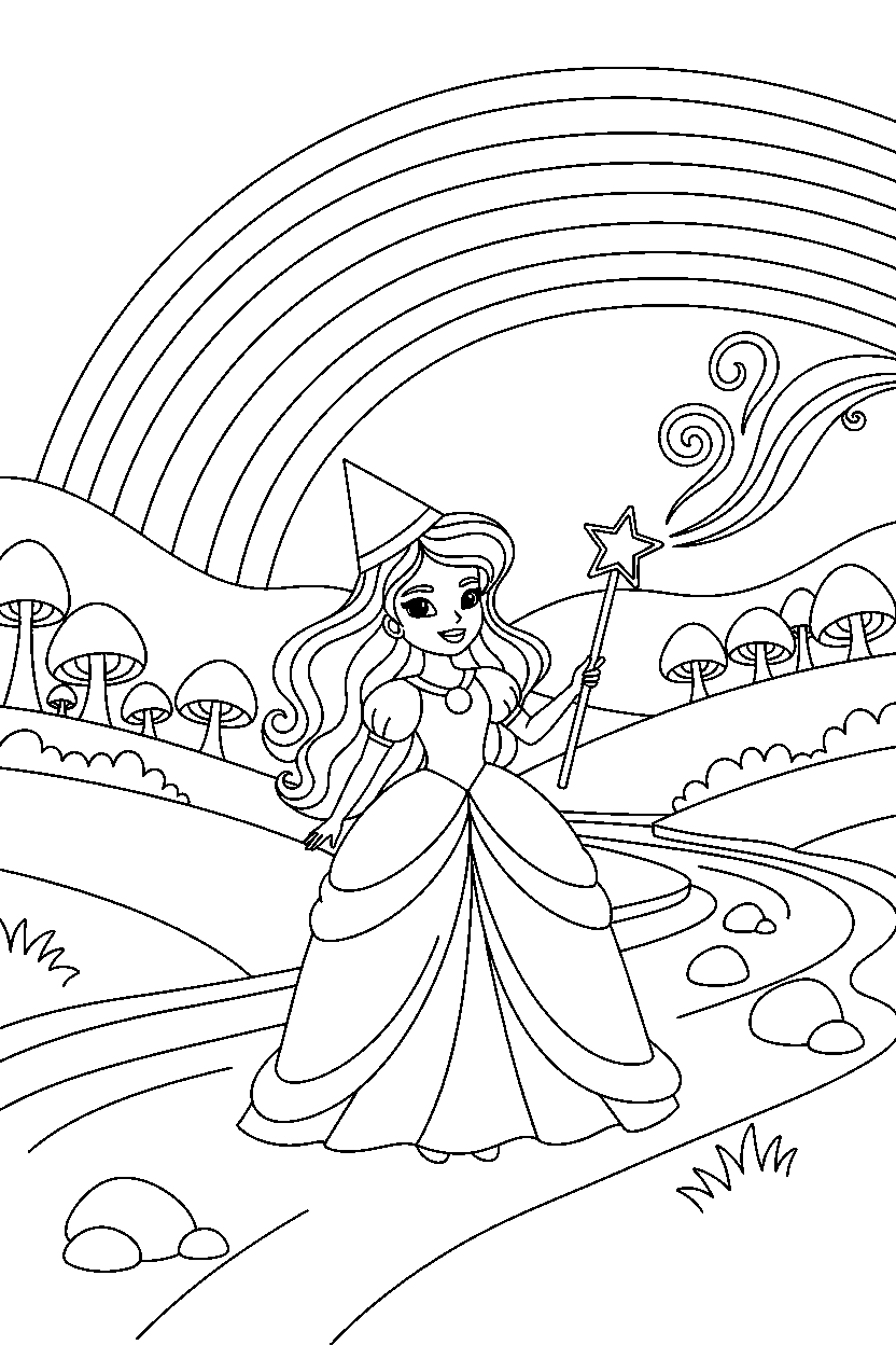 magic princess holding a magic item in a rainbow valley line art