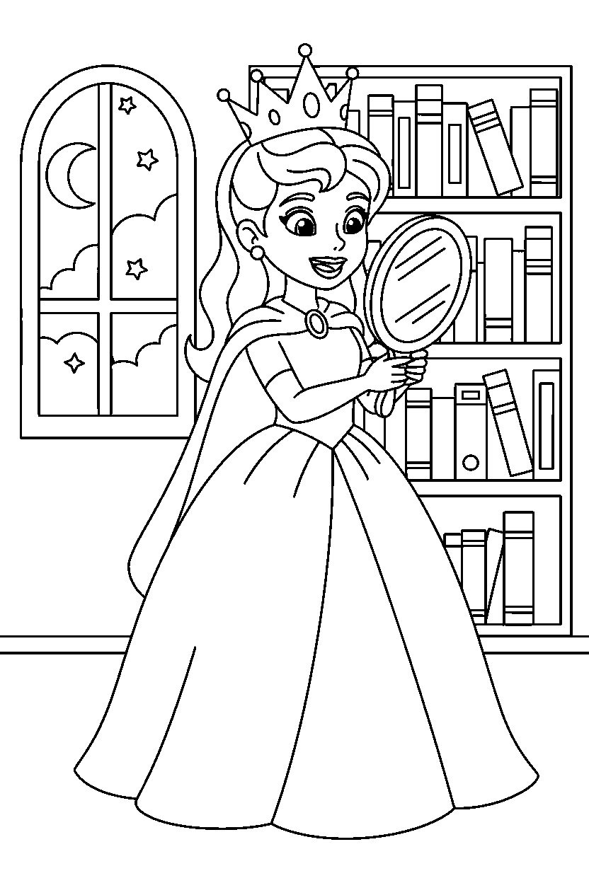 magic princess holding a magic mirror in a royal library line art