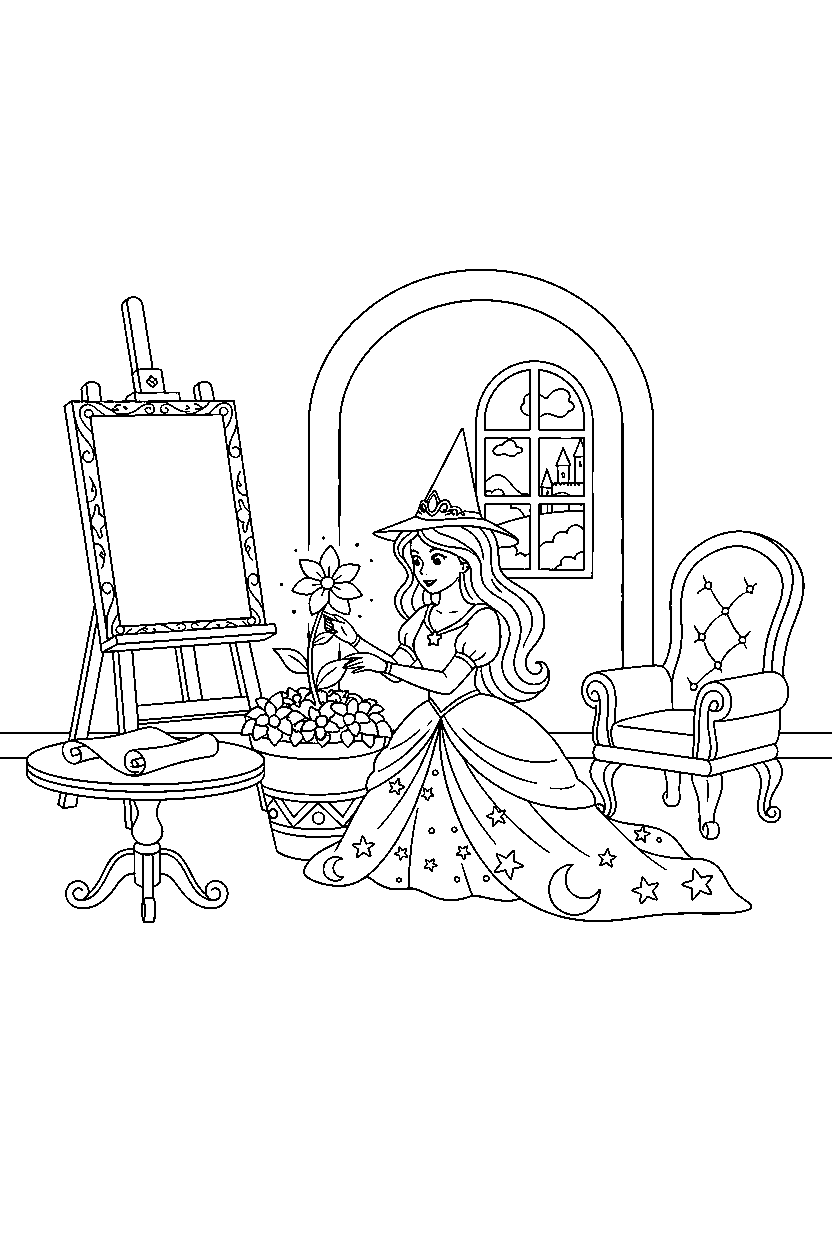 magic princess picking a flower in a royal art room line art