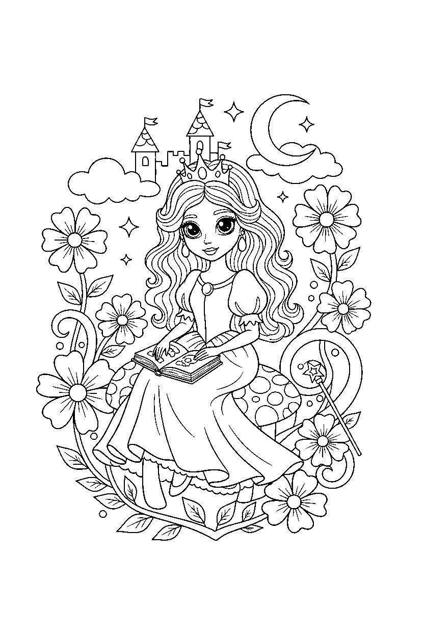 magic princess sitting peacefully in a secret royal garden line art