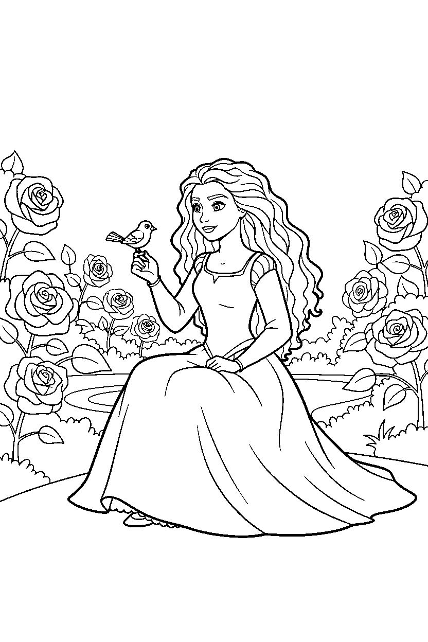 merida princess feeding a bird in a rose garden line art