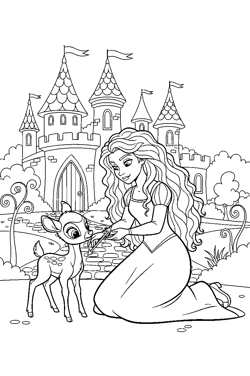merida princess helping an animal in a fairy tale castle line art