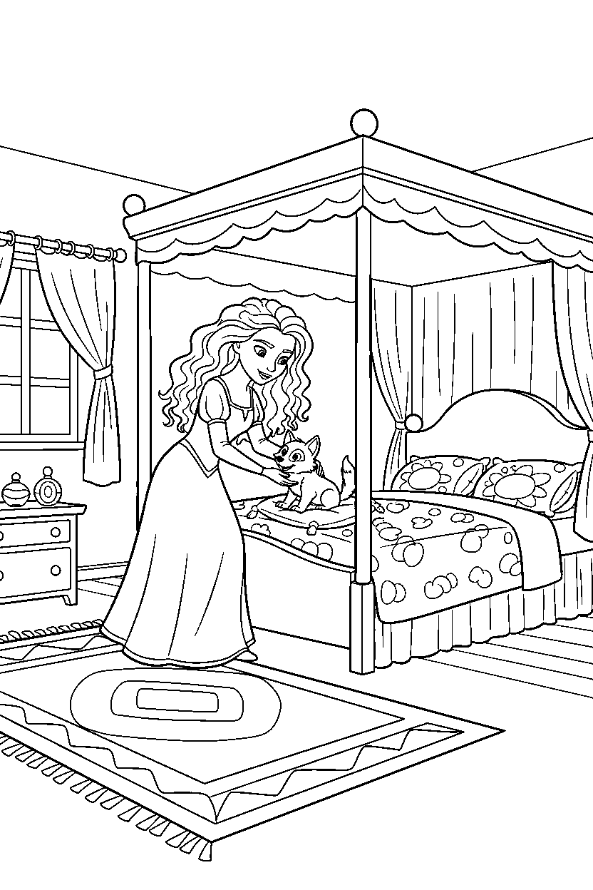 merida princess helping an animal in a princess bedroom line art