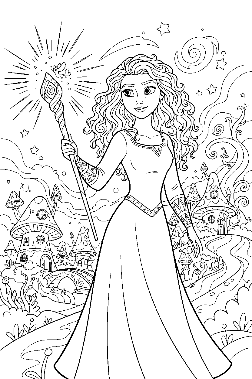 merida princess holding a magic item in a magic village line art