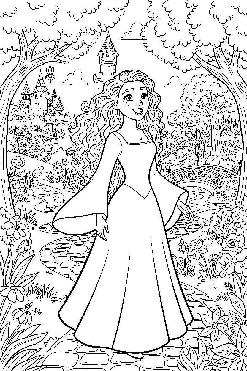 merida princess looking happily in a secret royal garden line art