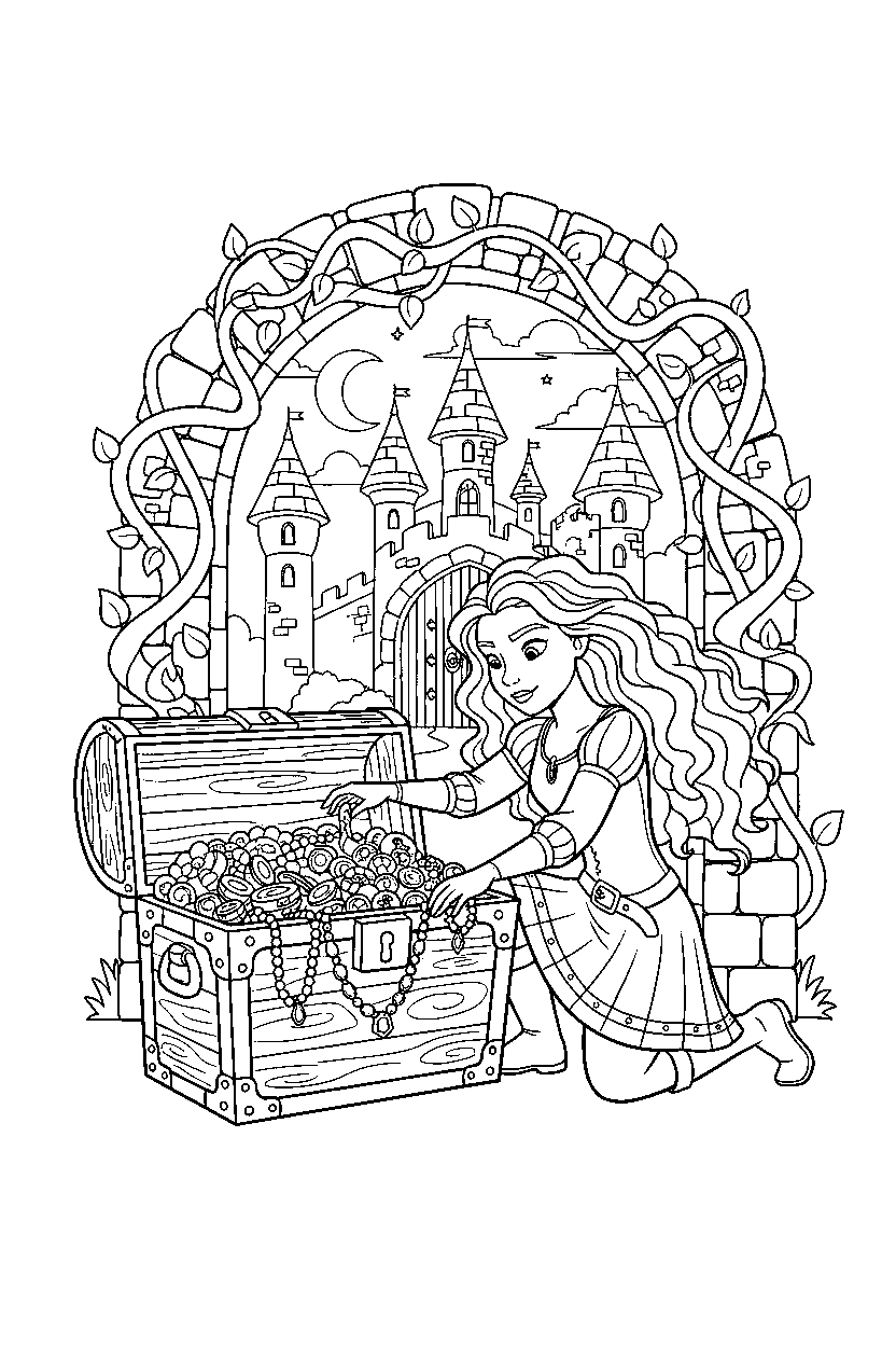 merida princess opening a treasure at an enchanted castle gate line art