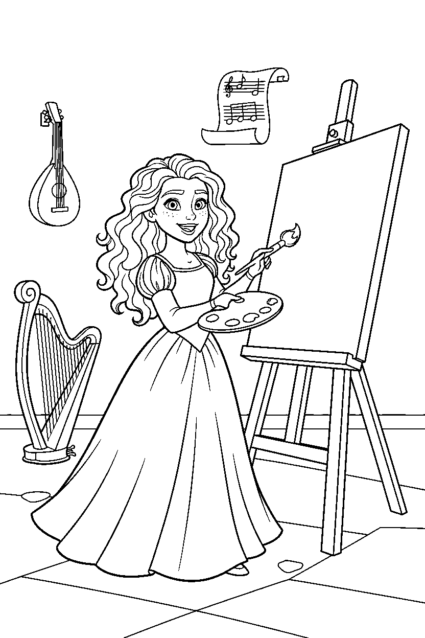 merida princess painting happily in a music room line art