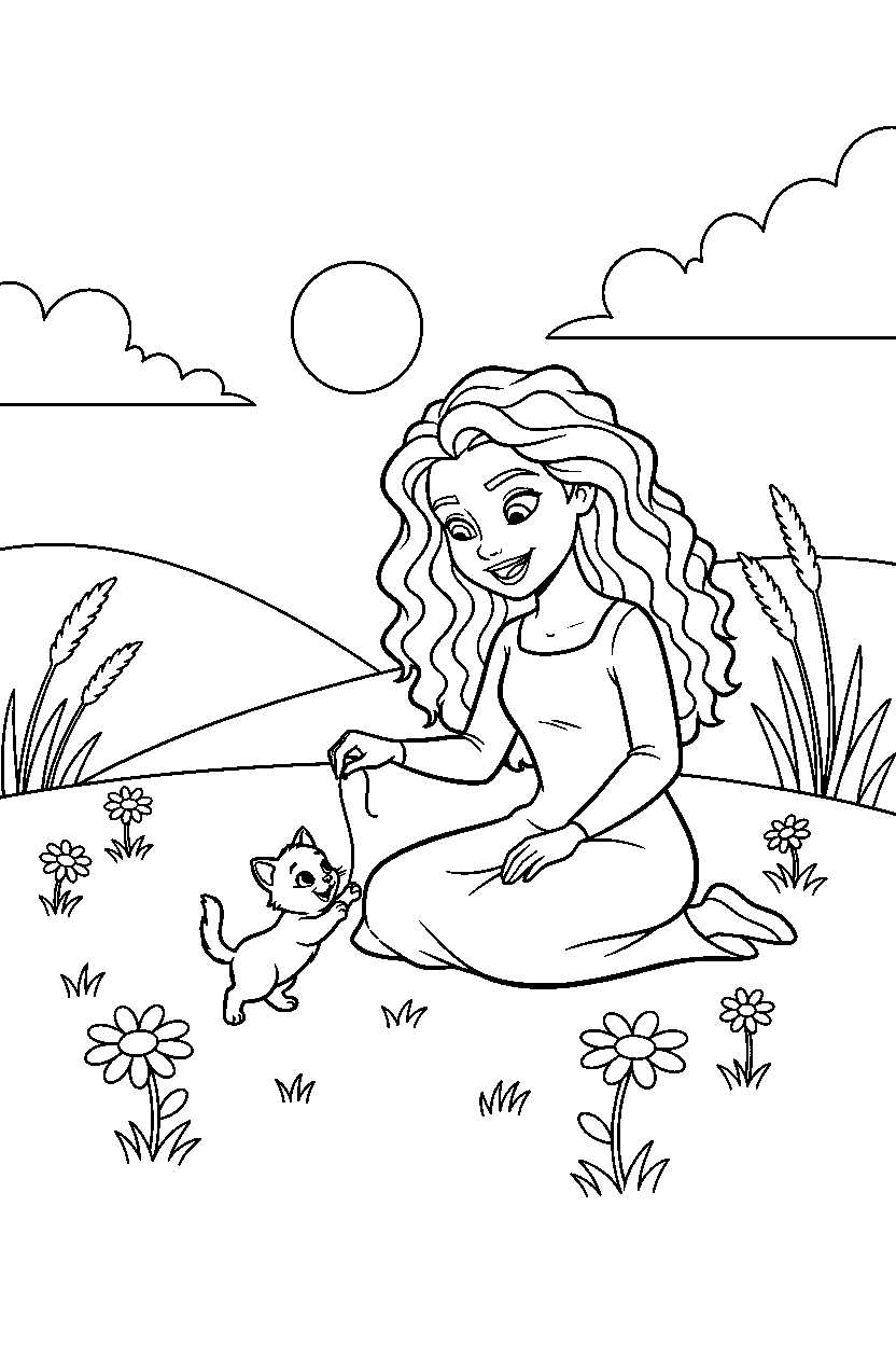 merida princess playing with a kitten in a peaceful meadow line art
