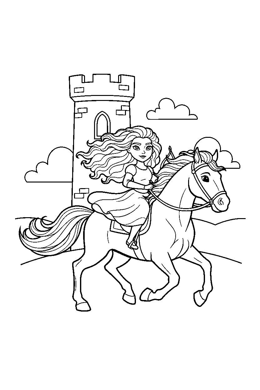 merida princess riding a horse near a castle tower line art