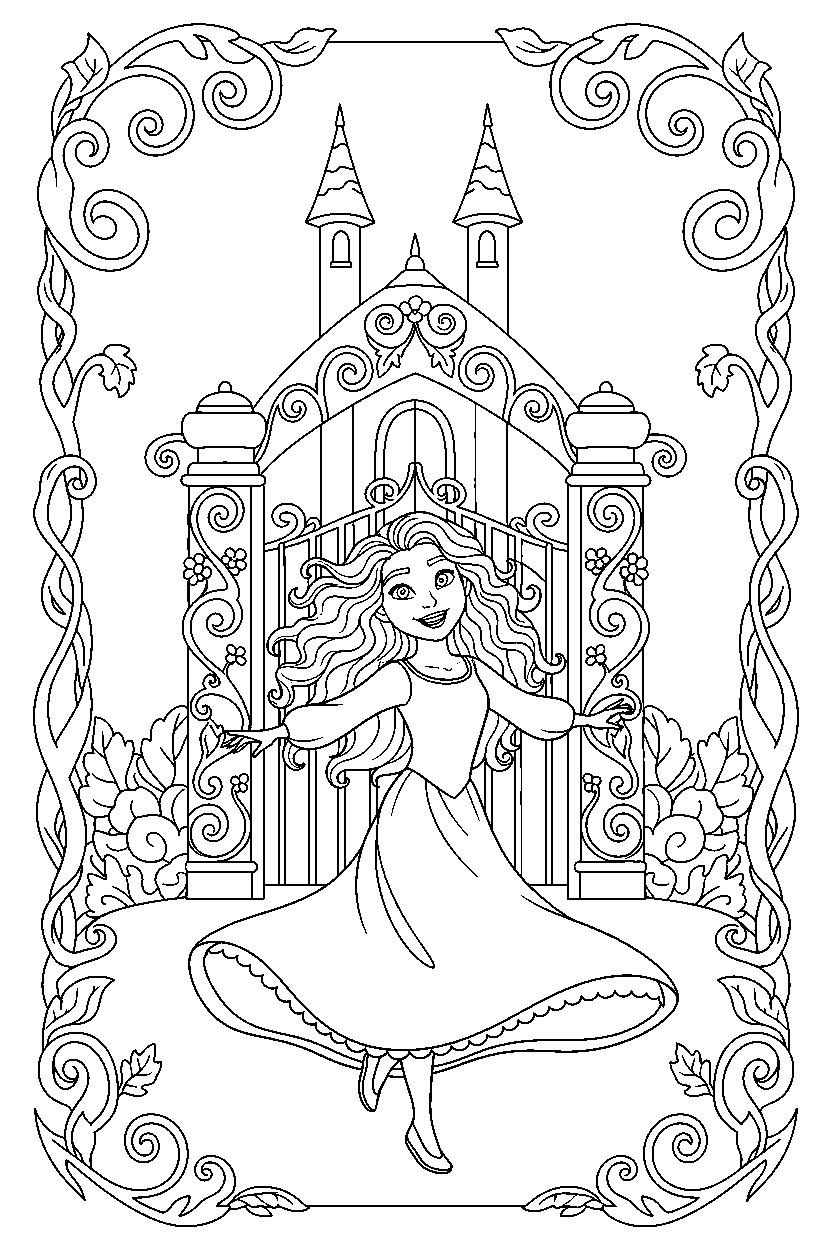 merida princess spinning happily at an enchanted castle gate line art