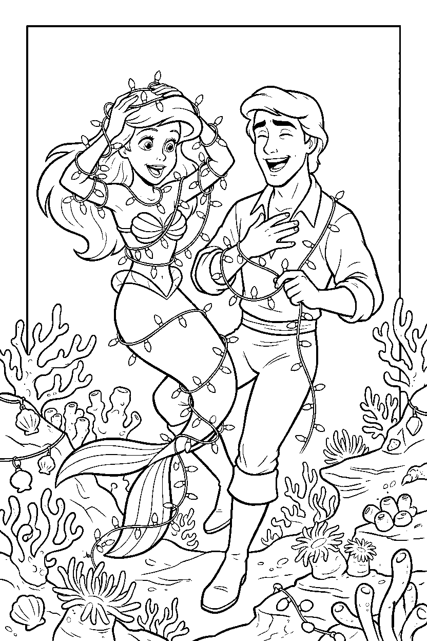 mermaid princess ariel and eric holiday lights line art