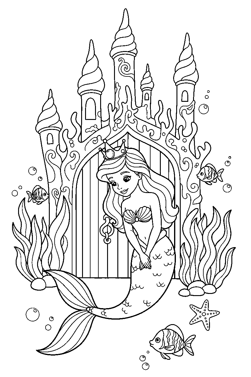 mermaid princess curtsying politely at an enchanted castle gate line art
