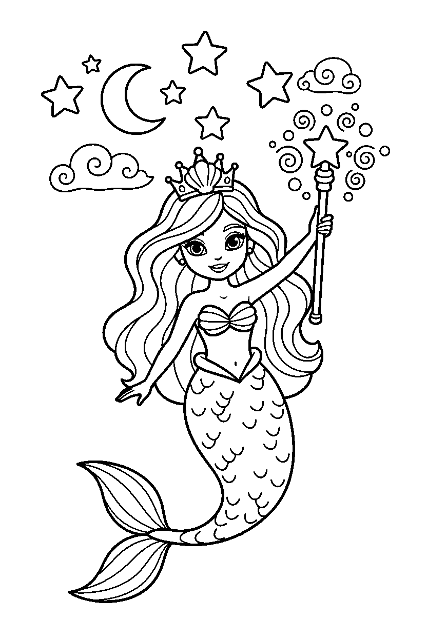 mermaid princess holding a magic item under a starry sky line art