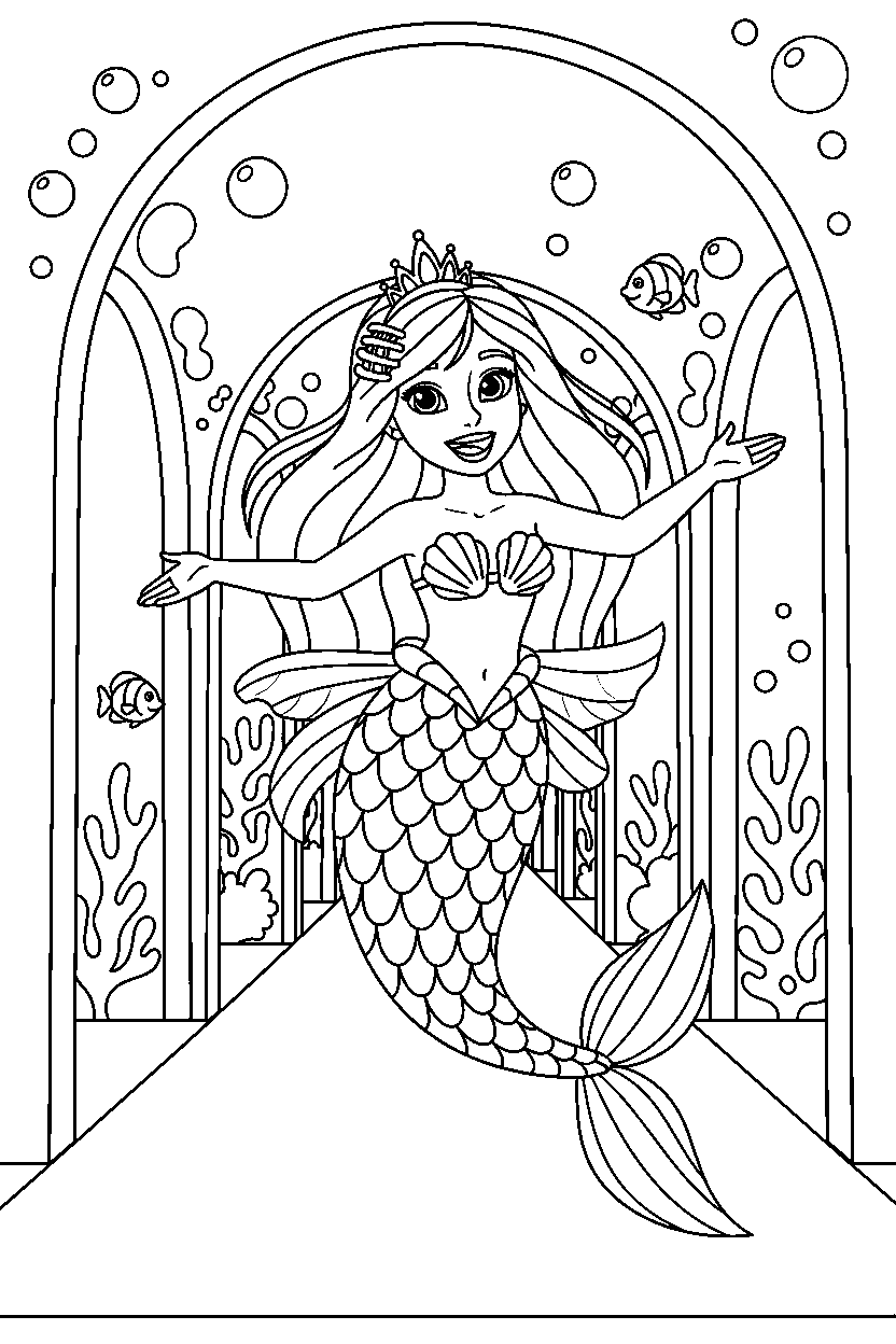 mermaid princess looking happily in a palace hallway line art
