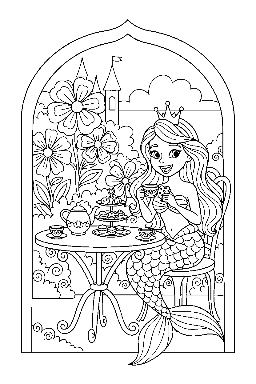 mermaid princess looking happily in a royal tea garden line art