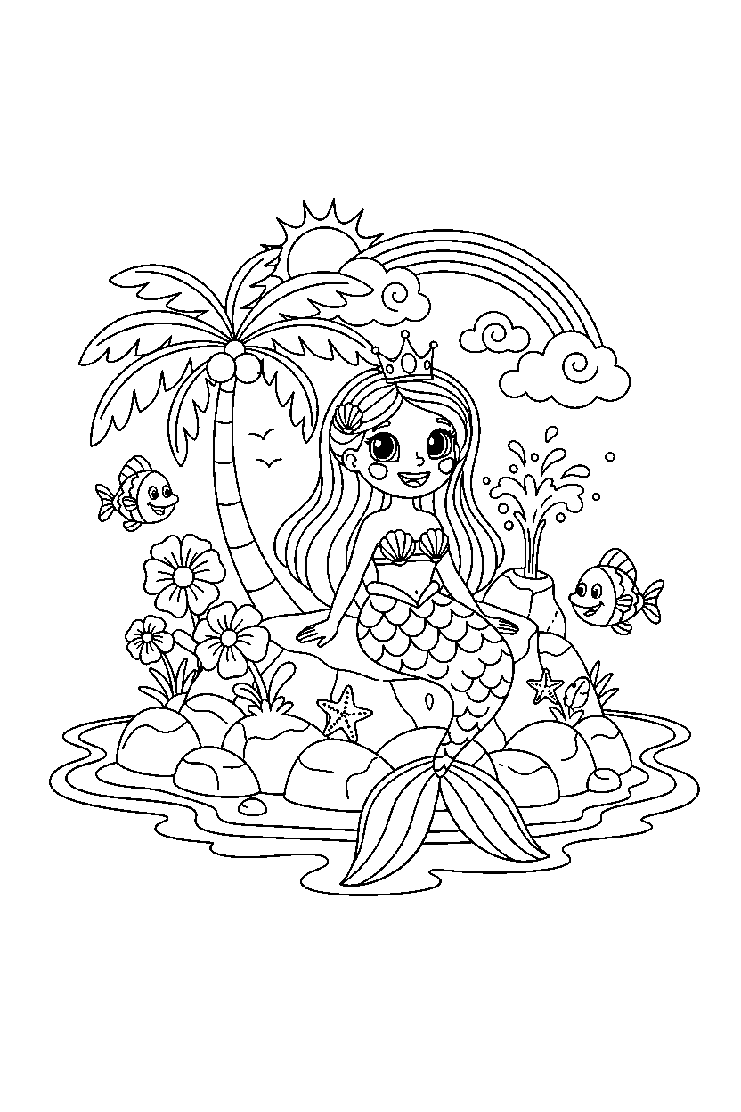 mermaid princess looking happily on a magical island line art