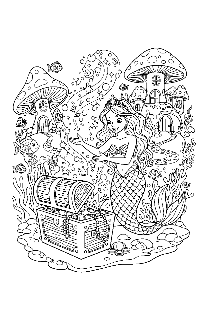 mermaid princess opening a treasure in a magic village line art