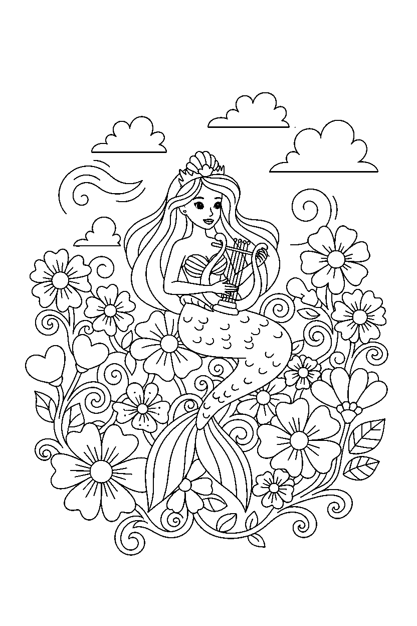 mermaid princess playing music in a magic flower field line art