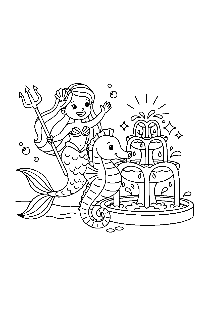 mermaid princess riding happily near a sparkling fountain line art