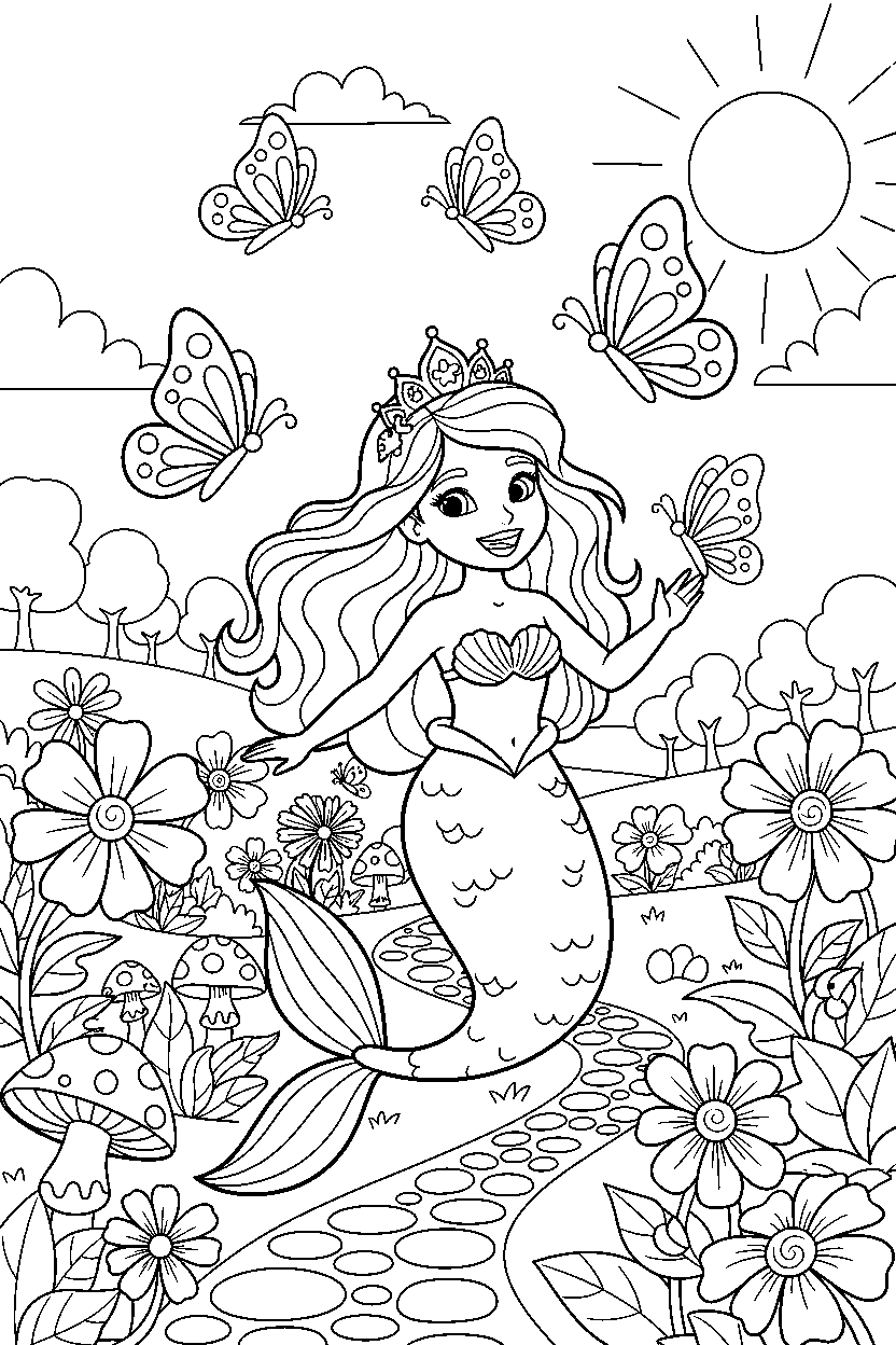mermaid princess running happily in a butterfly garden line art