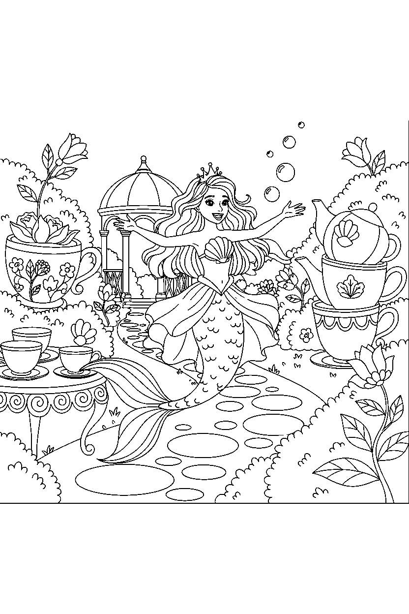 mermaid princess running happily in a royal tea garden line art