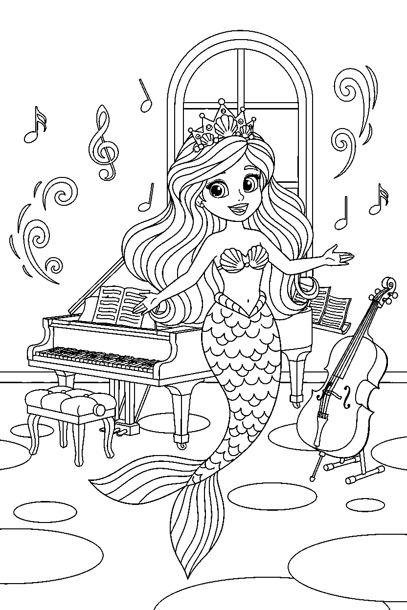 mermaid princess walking happily in a music room line art