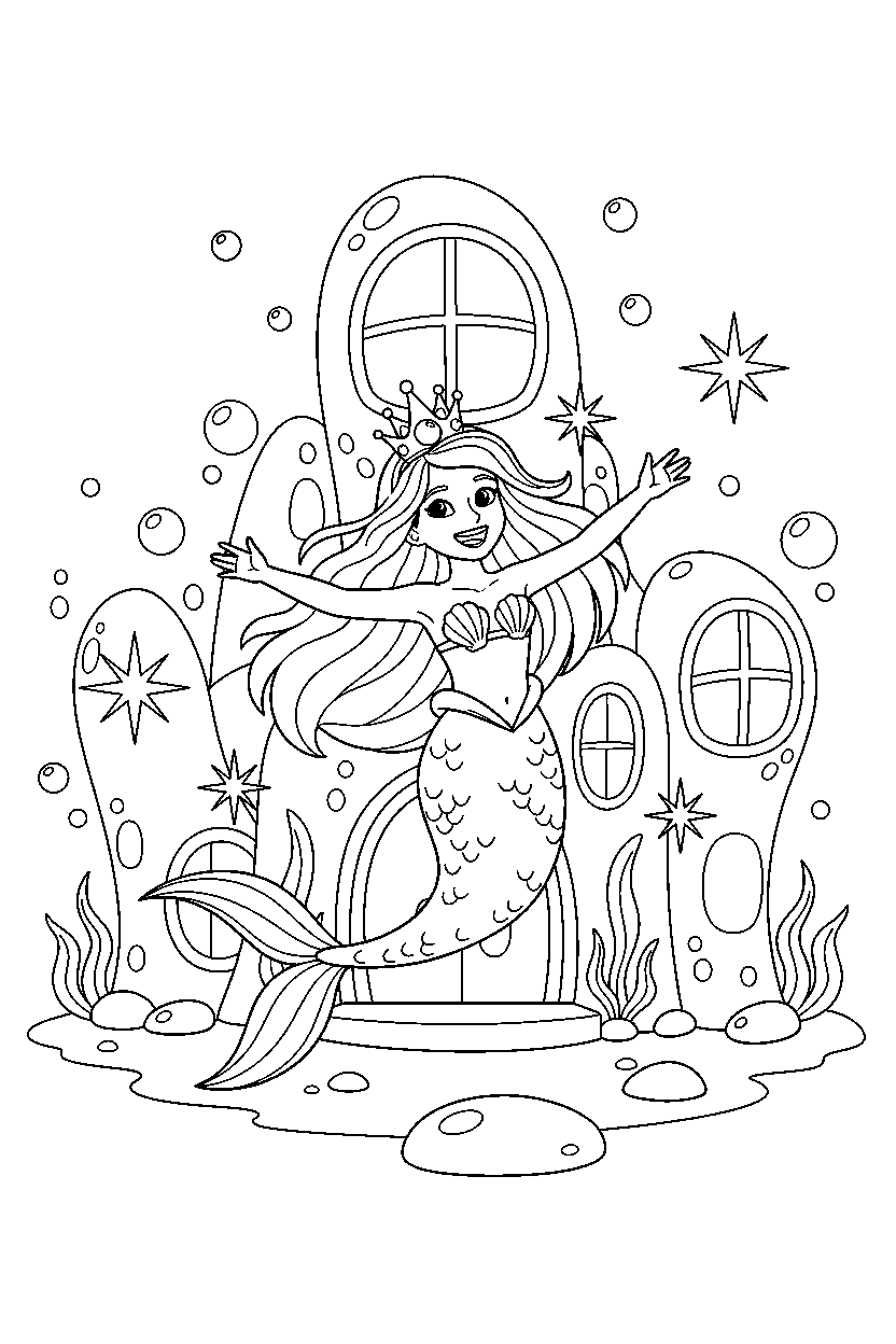 mermaid princess walking happily in a sparkling palace line art