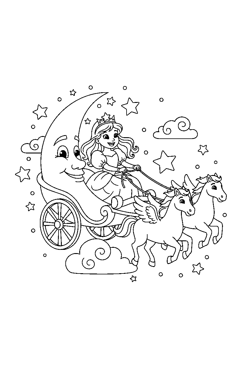 moon princess riding happily under a starry sky line art