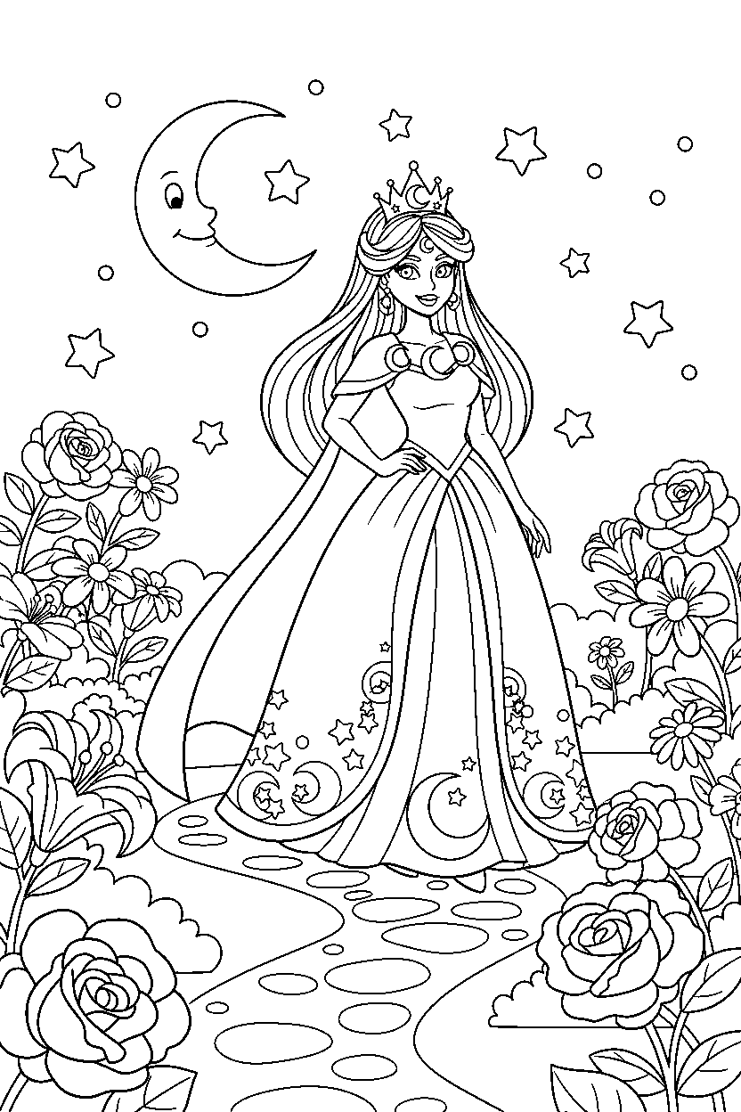 moon princess walking proudly in a summer garden line art