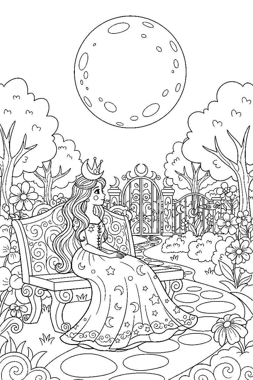 moon princess watching the moon in a secret royal garden line art