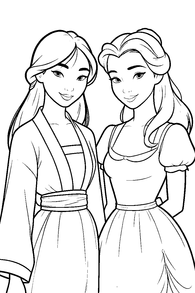 mulan and belle friends line art