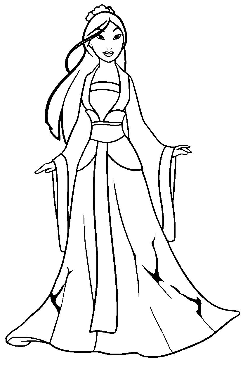 mulan graceful traditional gown line art