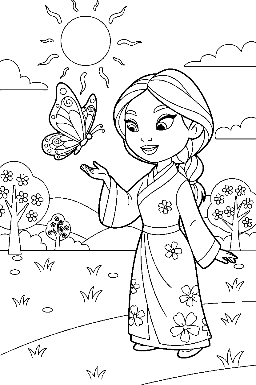 mulan princess playing with a butterfly in a spring meadow line art