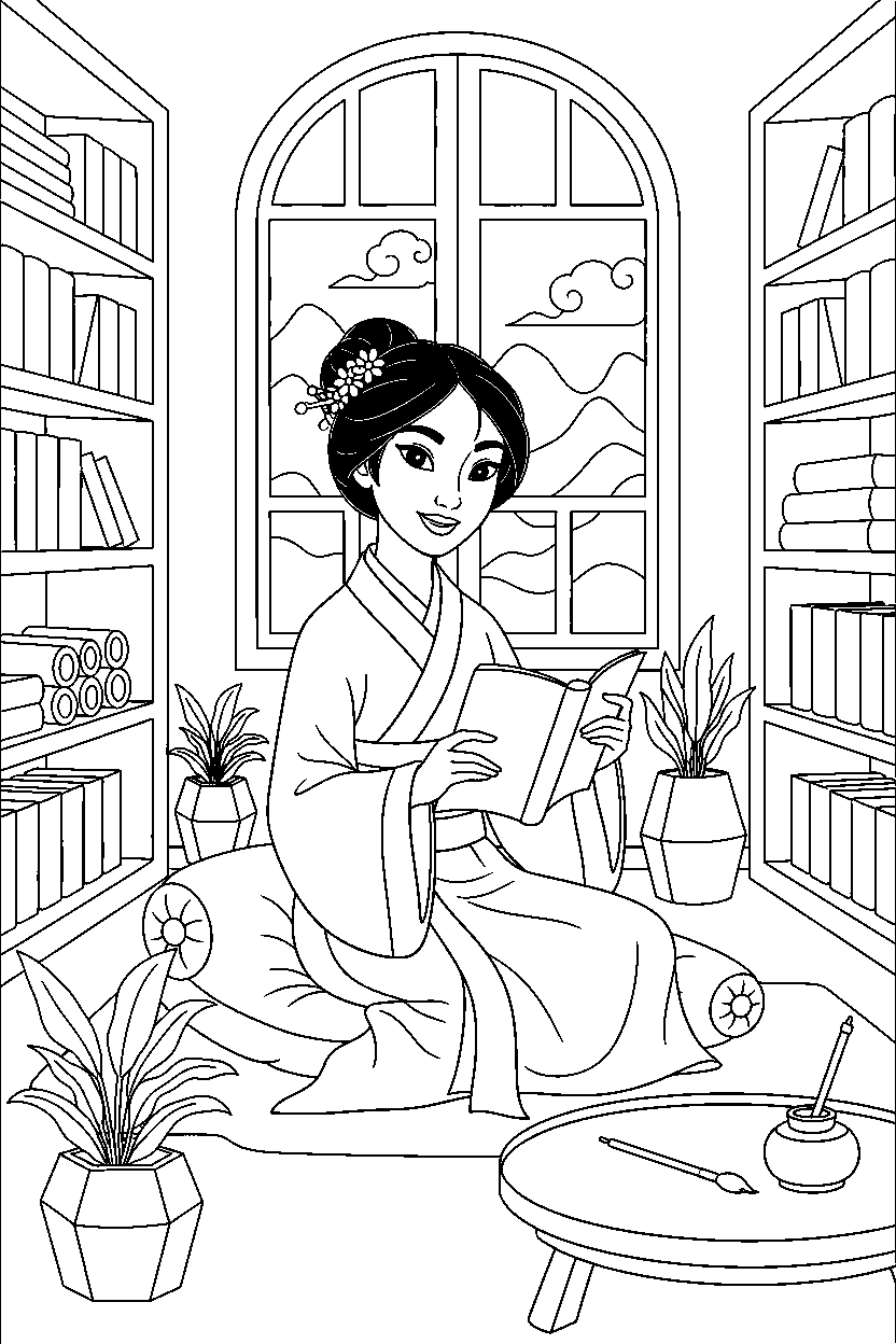 mulan princess sitting peacefully in a royal library line art