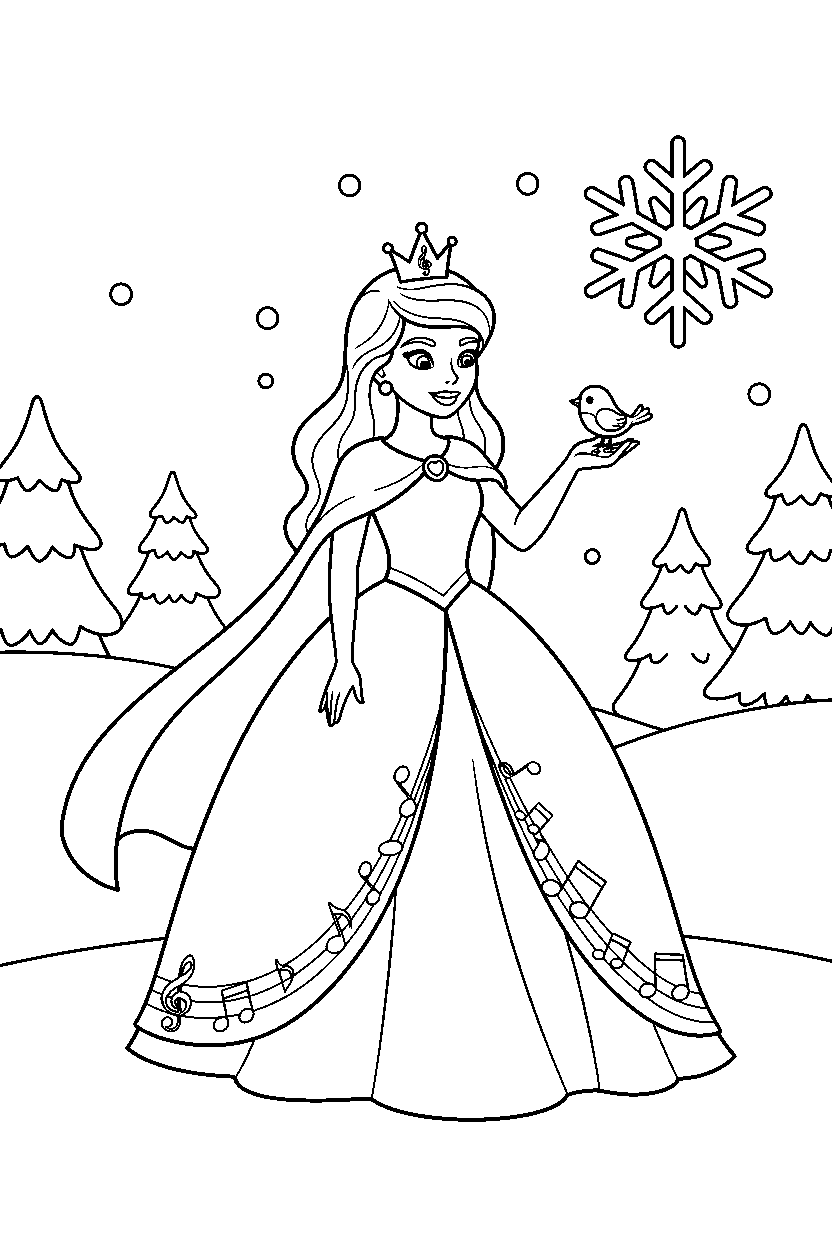 music princess feeding a bird in a winter wonderland line art