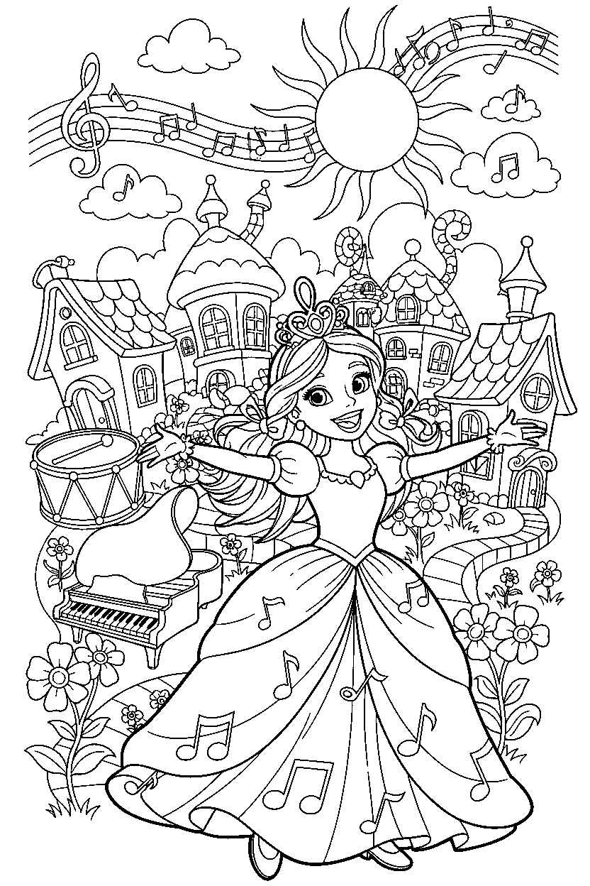 music princess greeting happily in a storybook village line art
